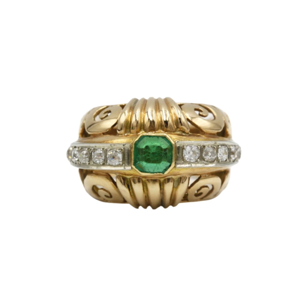 Bague Bandeau en or jaune, émeraude et diamants - Castafiore