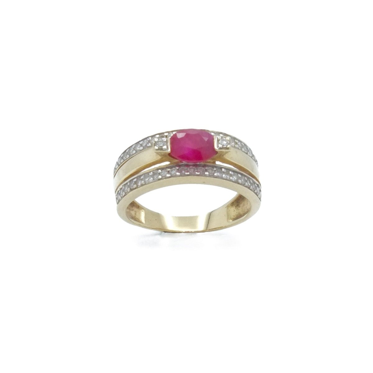 Bague bandeau en or jaune et or gris avec rubis et diamants - Castafiore