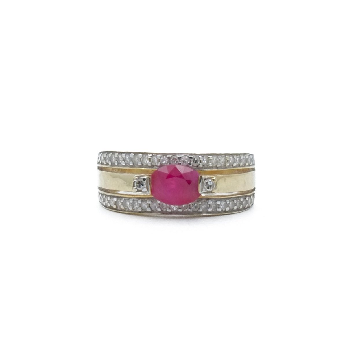 Bague bandeau en or jaune et or gris avec rubis et diamants - Castafiore