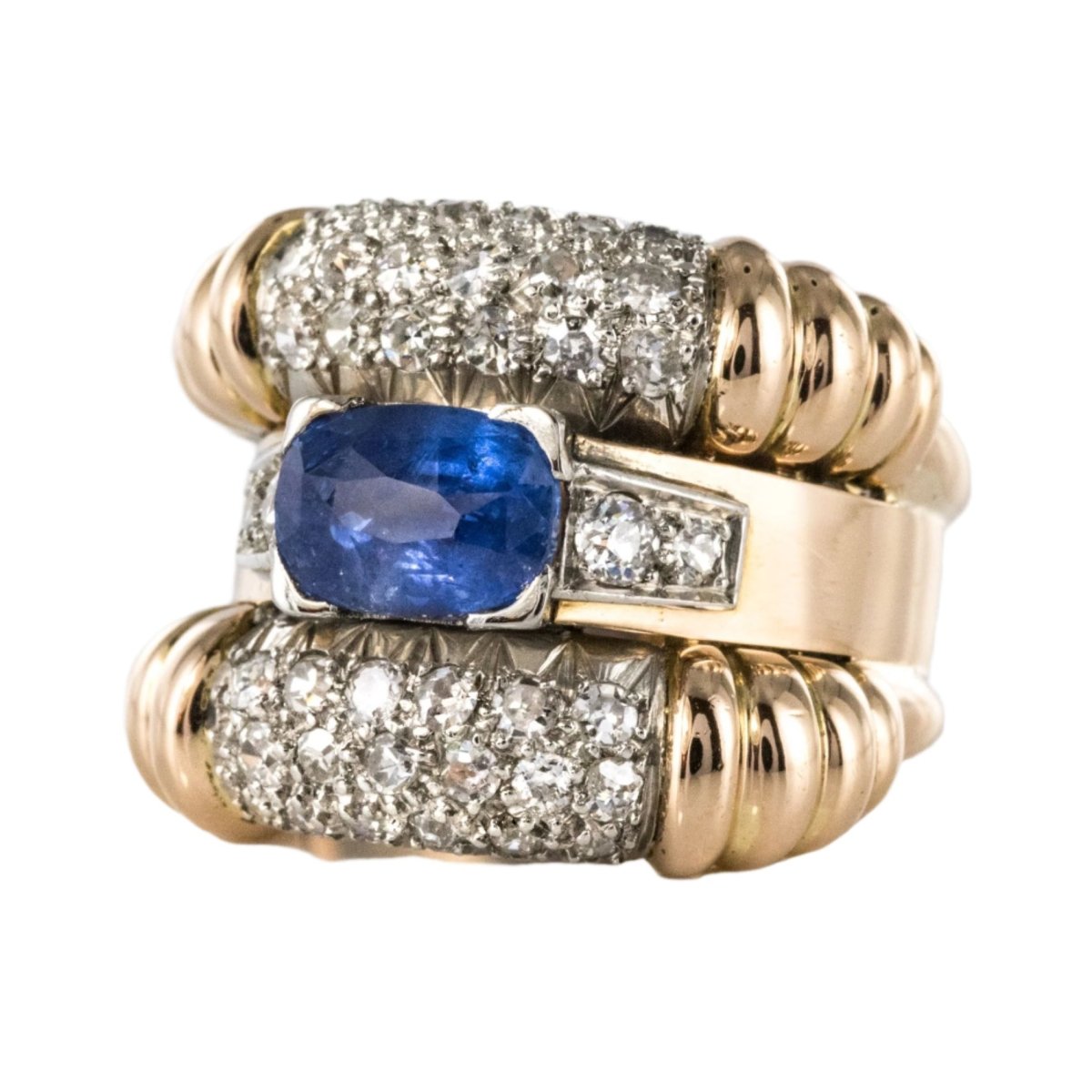 Bague Bandeau en or jaune et platine, saphir et diamants - Castafiore