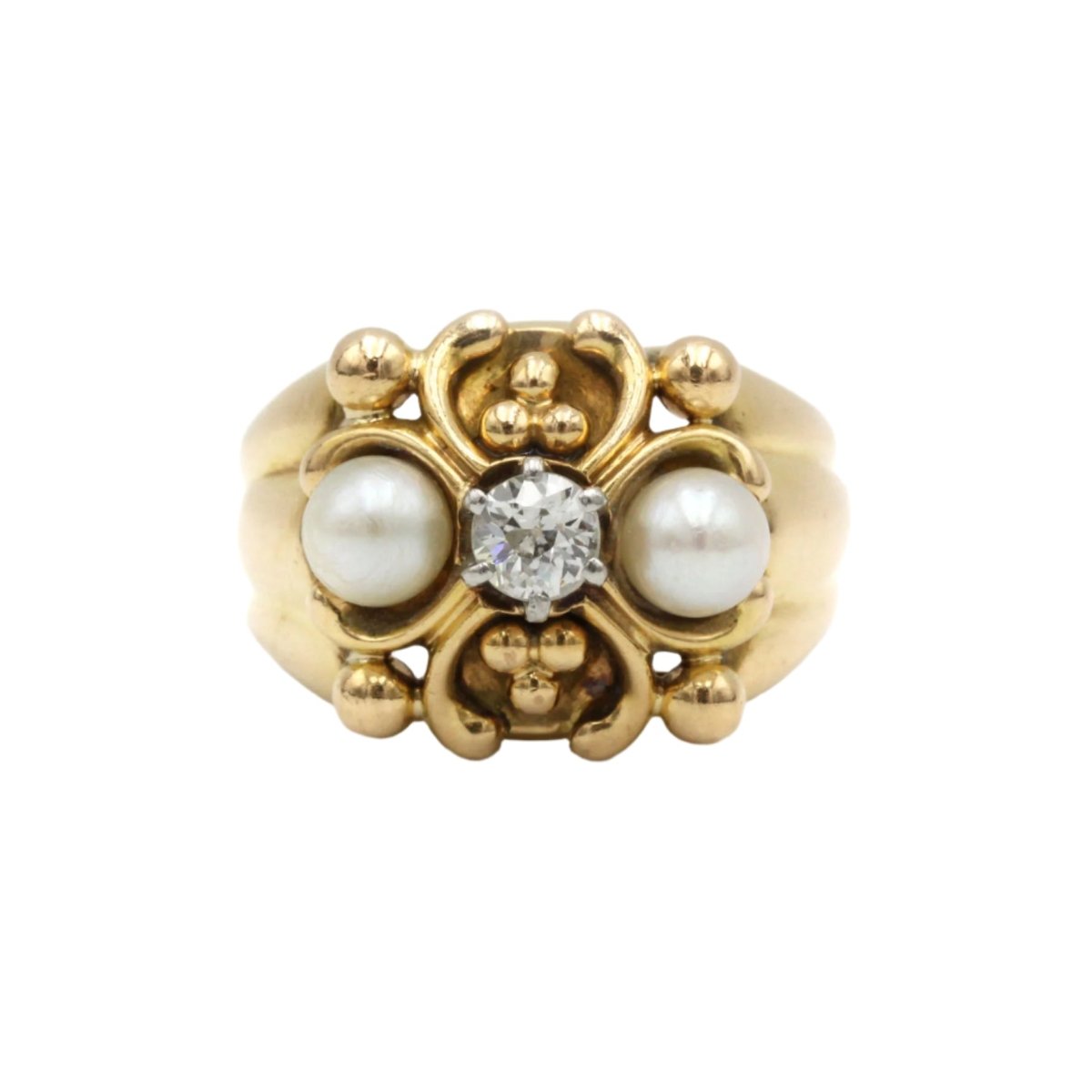 Bague Bandeau en or jaune, platine, perles et diamants - Castafiore