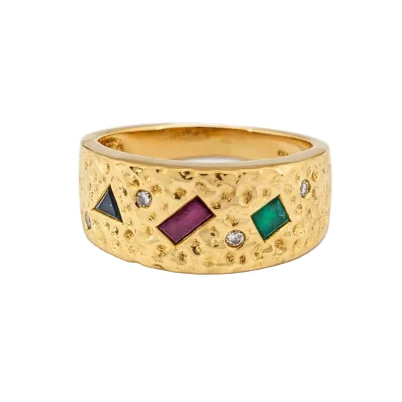 Bague Bandeau en or jaune, rubis, émeraude, saphir et diamants - Castafiore