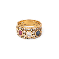 Bague Bandeau en or jaune, rubis, saphir et diamants - Castafiore