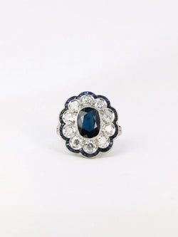 Bague Belle Epoque en platine, saphir et diamants - Castafiore