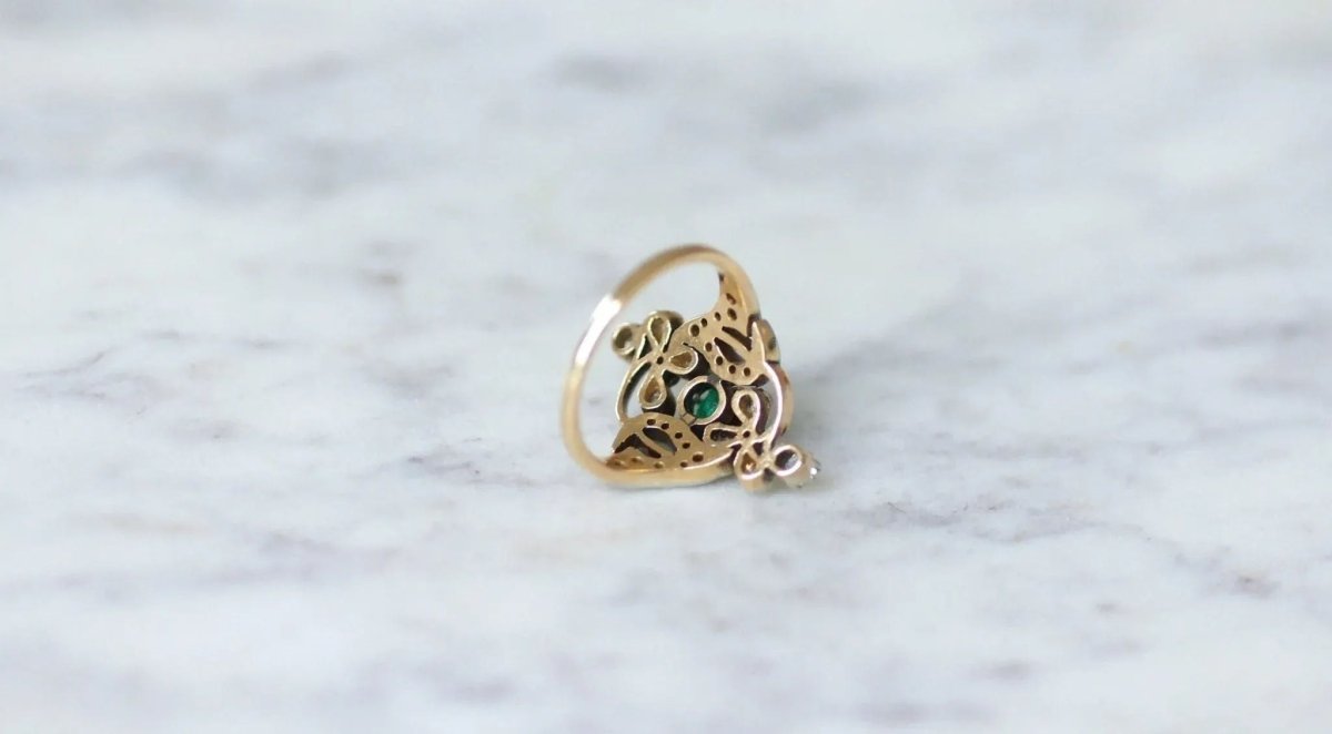 Bague Belle Epoque fleur émeraude et diamant - Castafiore