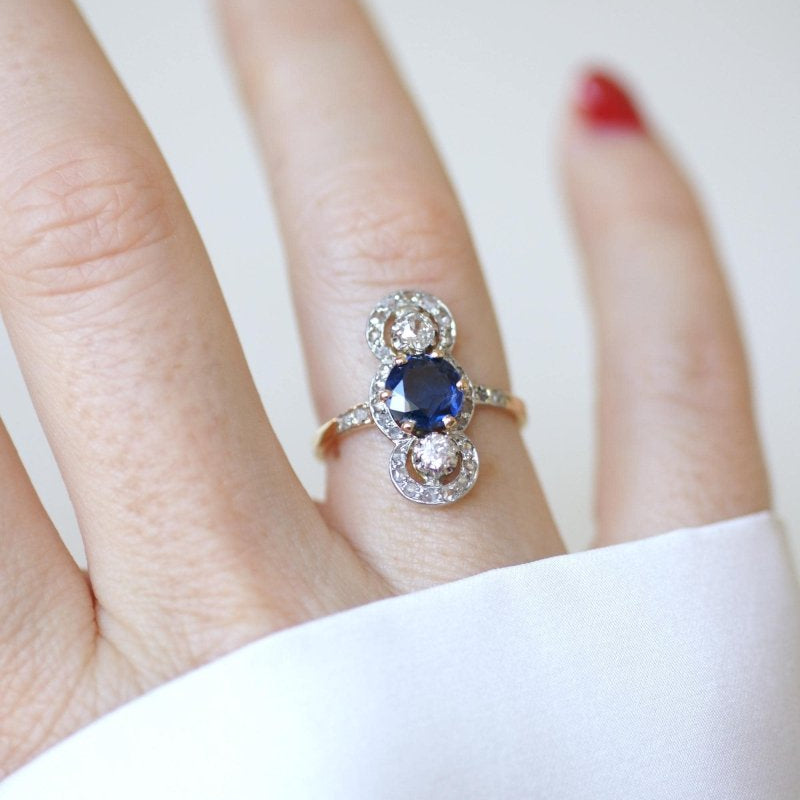 Bague Belle Epoque Saphir 1,18 Cts et Diamants - Castafiore