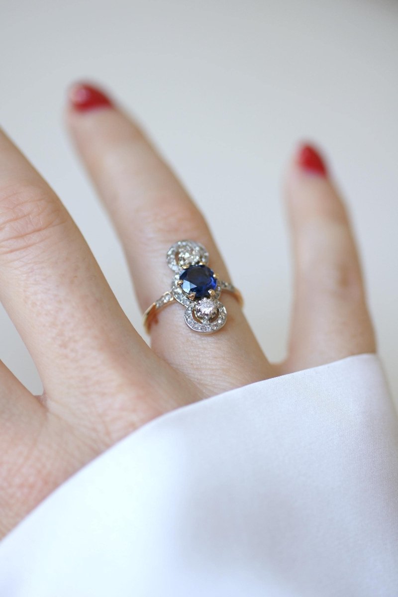 Bague Belle Epoque Saphir 1,18 Cts et Diamants - Castafiore