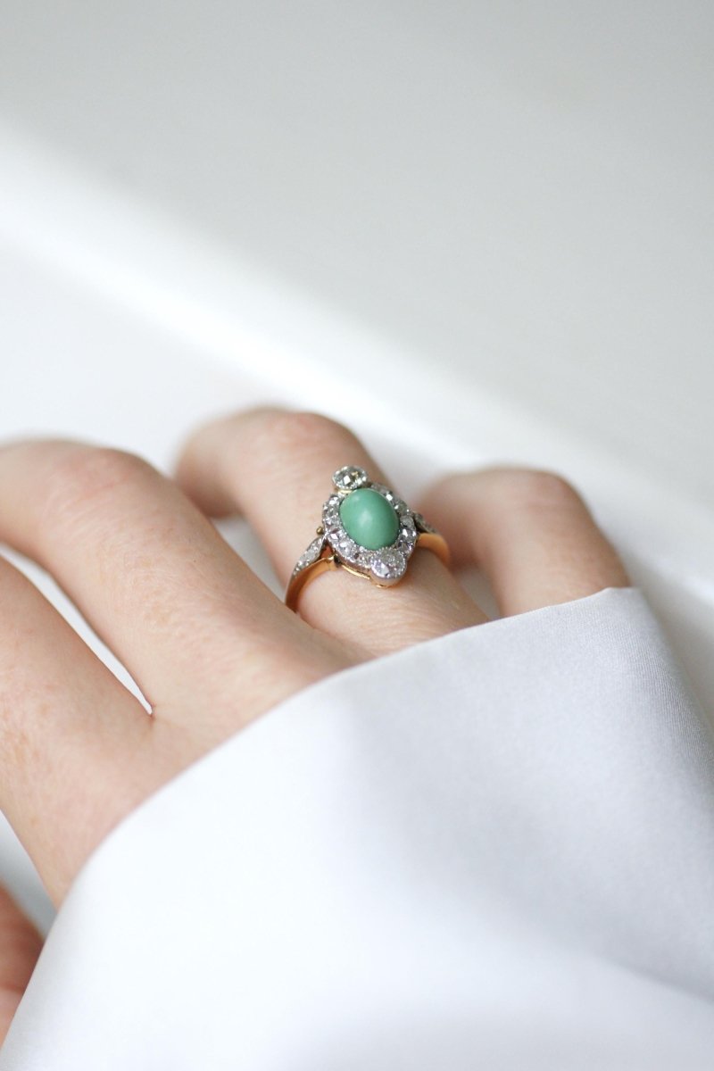Bague Belle Epoque Turquoise Entourage Diamants - Castafiore