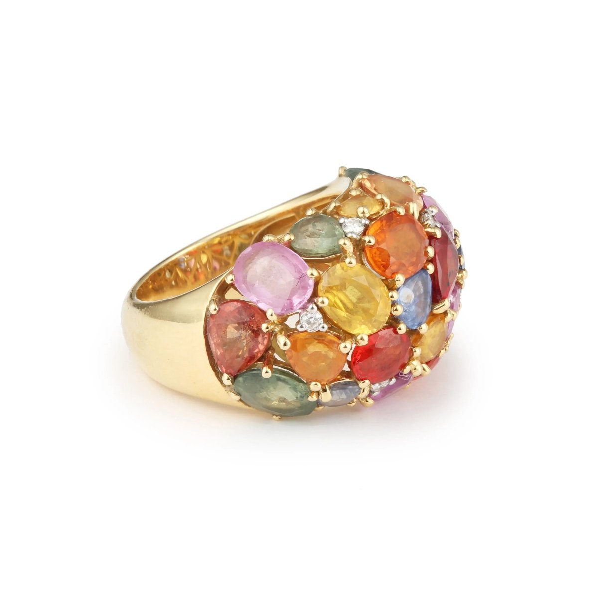 Bague Bombée Saphirs Multicolore 6 carats Diamants Or Jaune 18 Carats - Castafiore