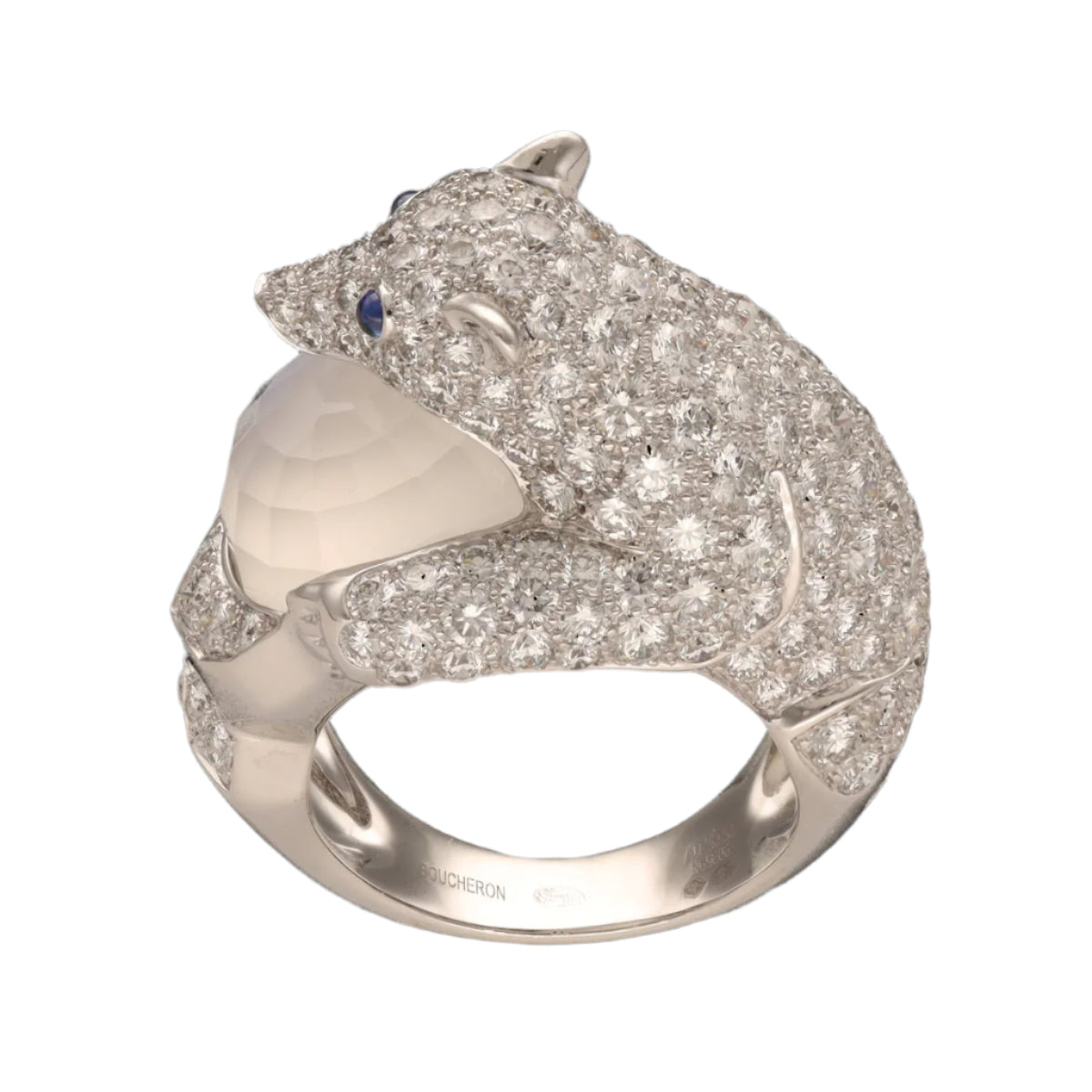 Bague Boucheron " Collection animaux Ours Nanook" de 2021 avec Diamants, pierre de lune en Or gris 18k. Taille 52. Full set - Castafiore