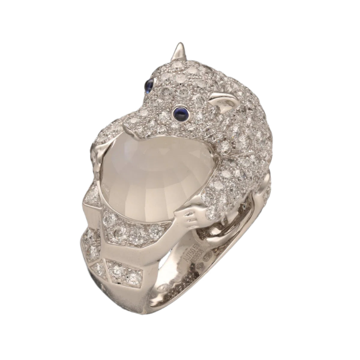 Bague Boucheron " Collection animaux Ours Nanook" de 2021 avec Diamants, pierre de lune en Or gris 18k. Taille 52. Full set - Castafiore