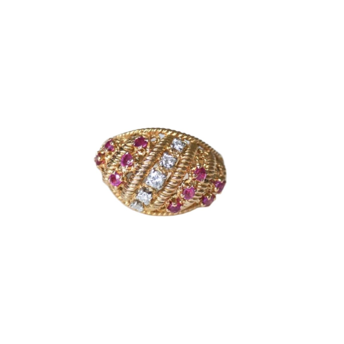 Bague Boule torsade en or jaune, rubis et diamants - Castafiore