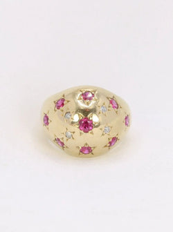 Bague boule vintage en or jaune, rubis et diamants - Castafiore