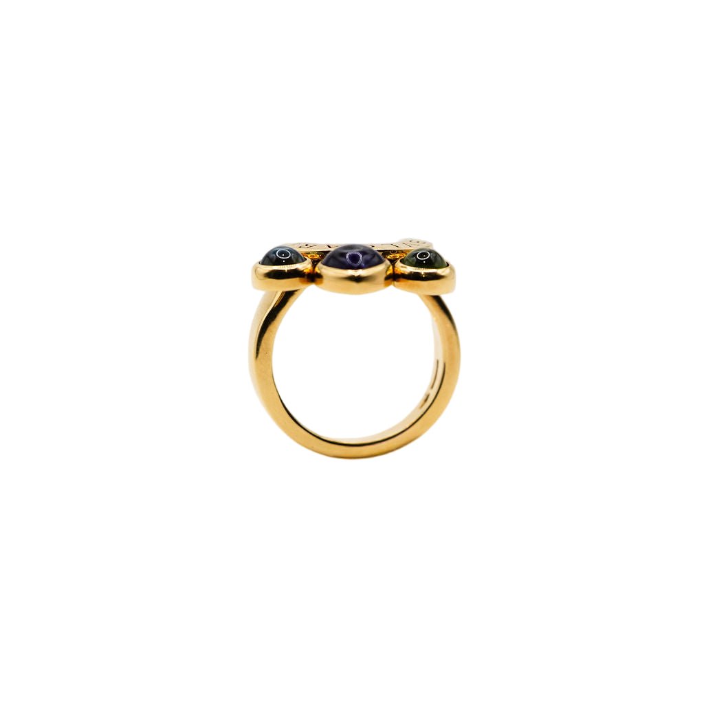 Bague BVLGARI "Allegra" en or jaune, améthyste, péridot et topaze bleue - Castafiore
