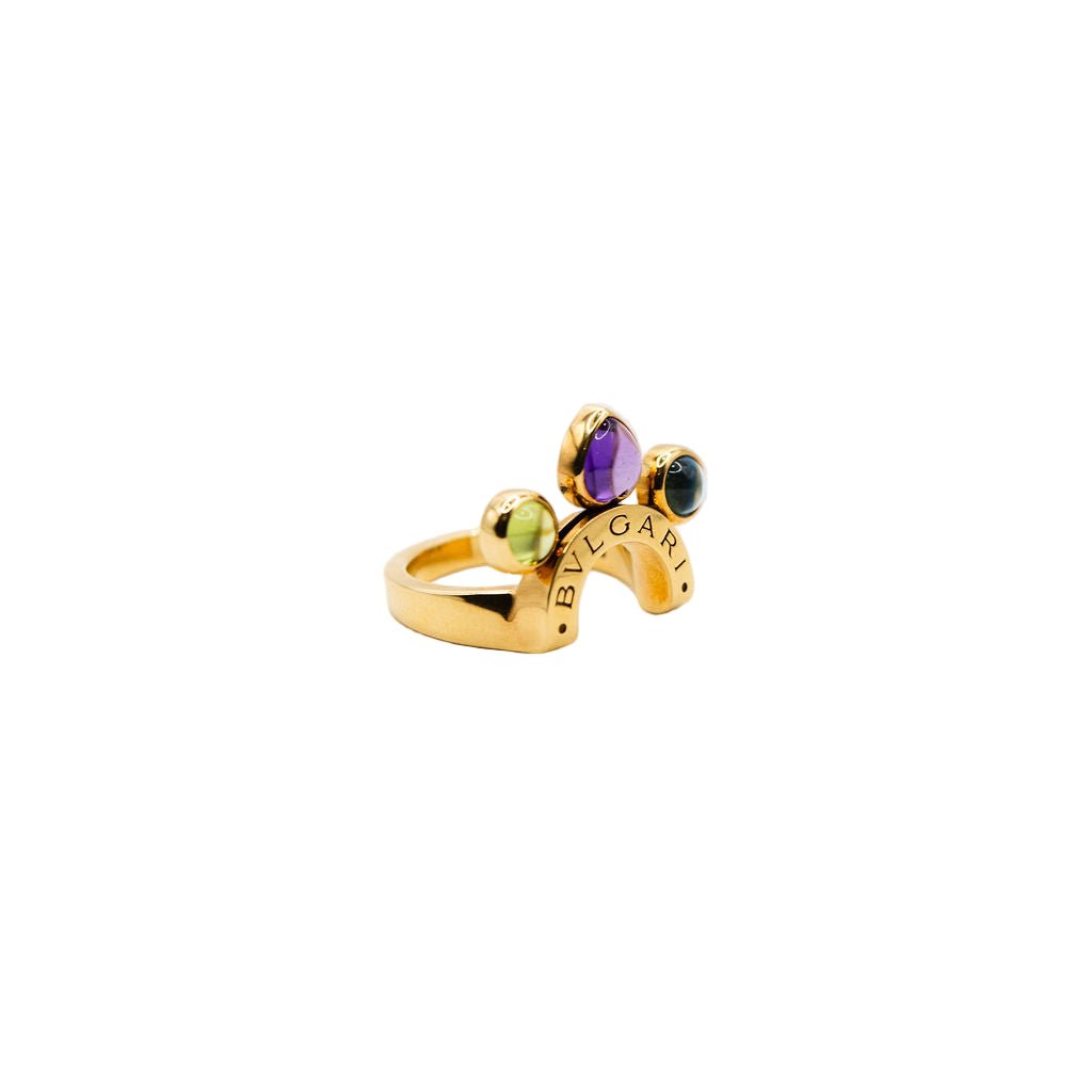 Bague BVLGARI "Allegra" en or jaune, améthyste, péridot et topaze bleue - Castafiore