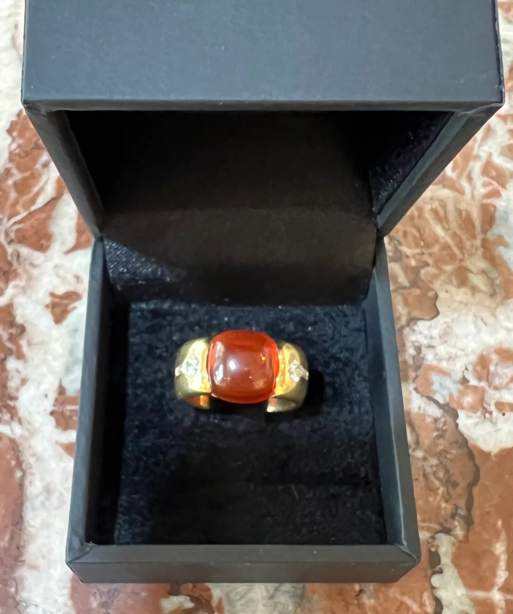 Bague Cabochon Opale de Feu Diamants Or Jaune 18 Carats - Castafiore