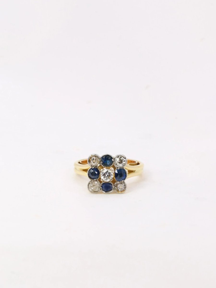 Bague carrée saphirs diamants taille ancienne - Castafiore