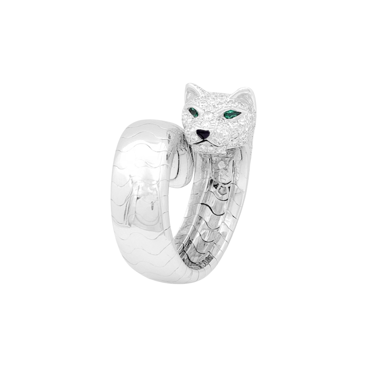 Bague CARTIER "Lakarda" en or blanc, émeraudes, laque et diamants - Castafiore
