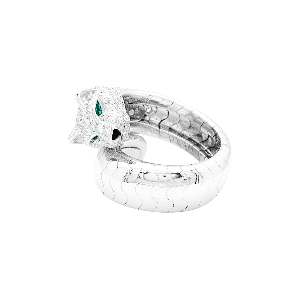 Bague CARTIER "Lakarda" en or blanc, émeraudes, laque et diamants - Castafiore