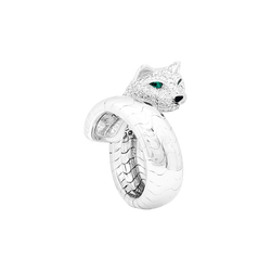 Bague CARTIER "Lakarda" en or blanc, émeraudes, laque et diamants - Castafiore