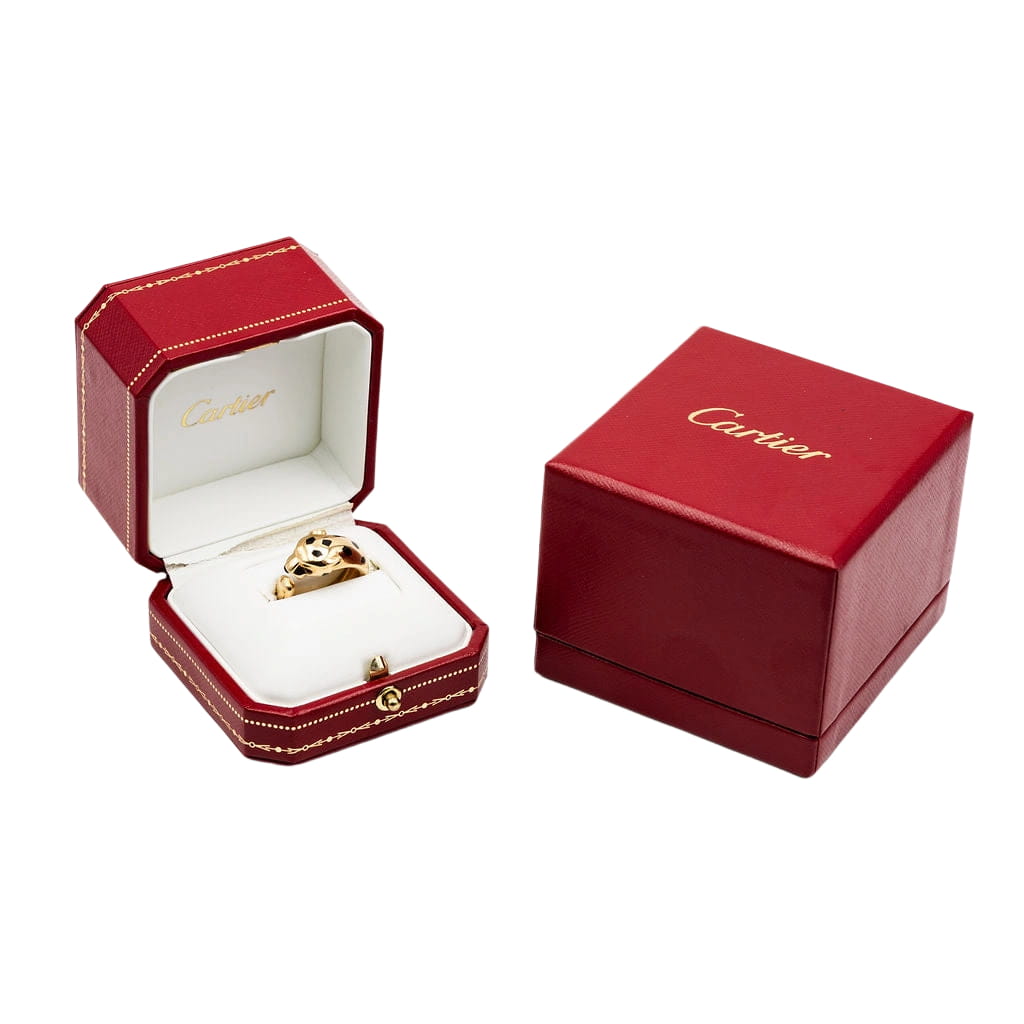 Bague CARTIER "Panthère de Cartier" MM en or jaune, grenats tsavorites, onyx et laque noire - Castafiore