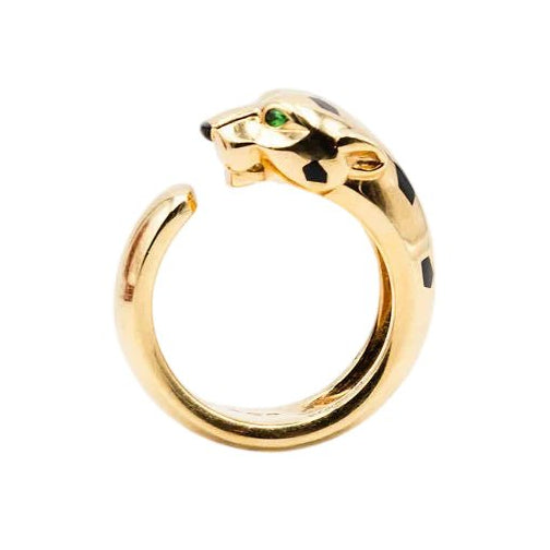 Bague CARTIER "Panthère" en or jaune, grenats tsavorites, onyx et laque noire - Castafiore