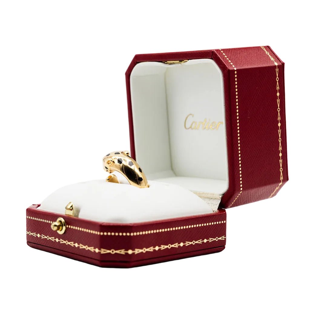 Bague CARTIER "Panthère" en or jaune, grenats tsavorites, onyx et laque noire - Castafiore
