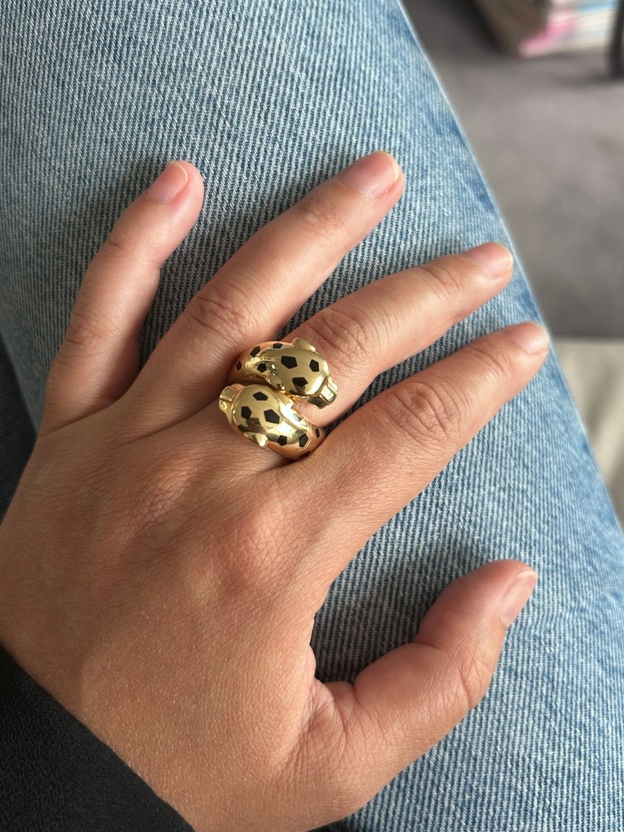 Bague CARTIER Panthère "Toi & Moi" en or jaune, laque noire, grenats et onyx - Castafiore