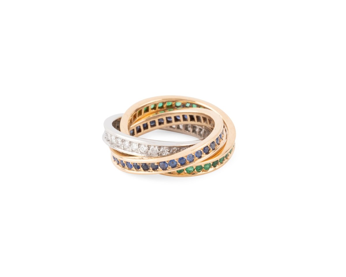 Bague CARTIER "Trinity" en or jaune, émeraudes, saphirs et diamants - Castafiore