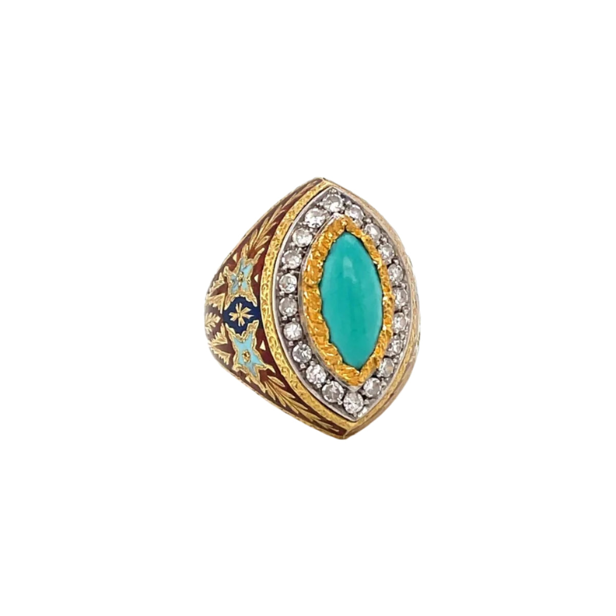 Bague Cazzaniga diamant turquoise émail or gravé - Castafiore
