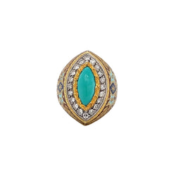 Bague Cazzaniga diamant turquoise émail or gravé - Castafiore