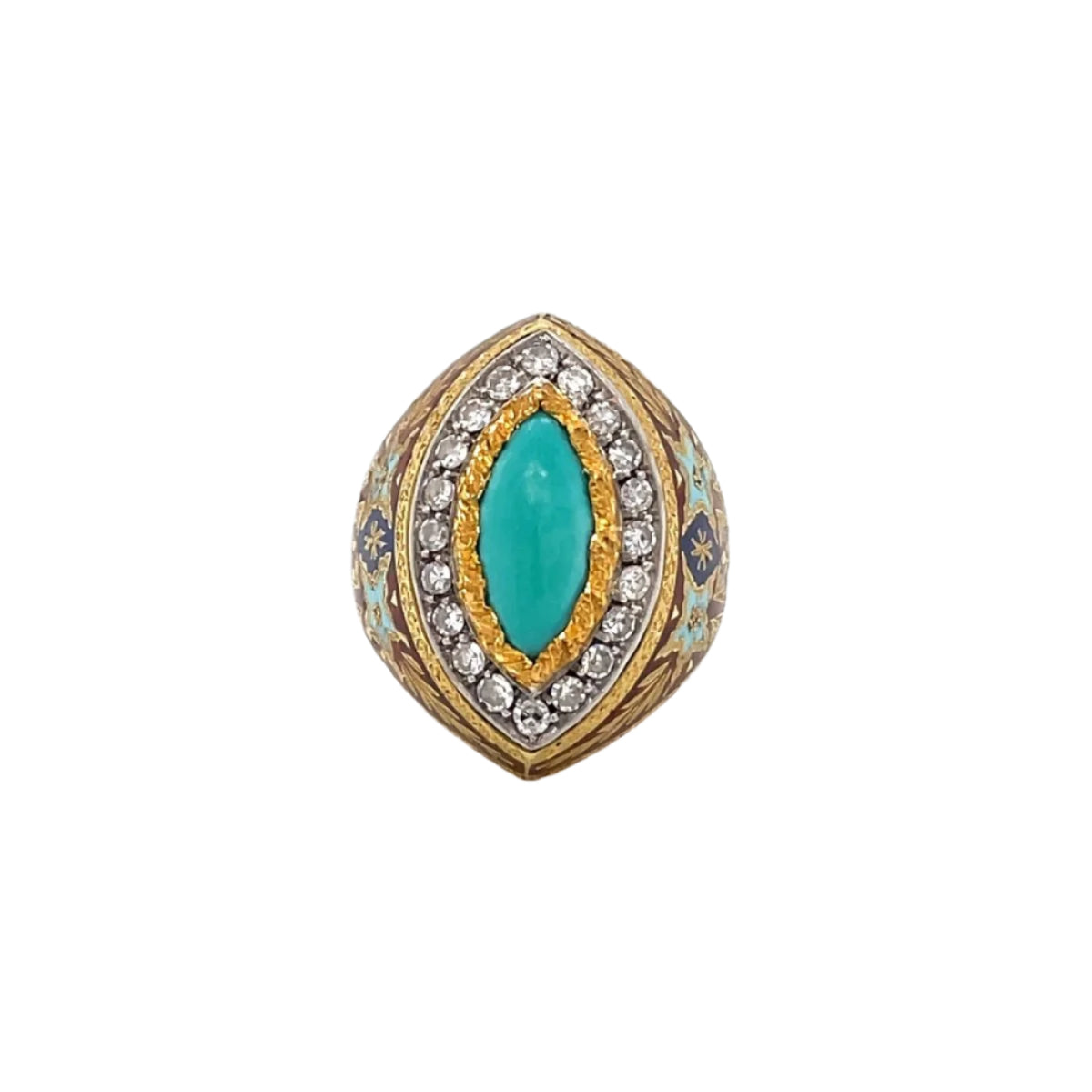 Bague Cazzaniga diamant turquoise émail or gravé - Castafiore