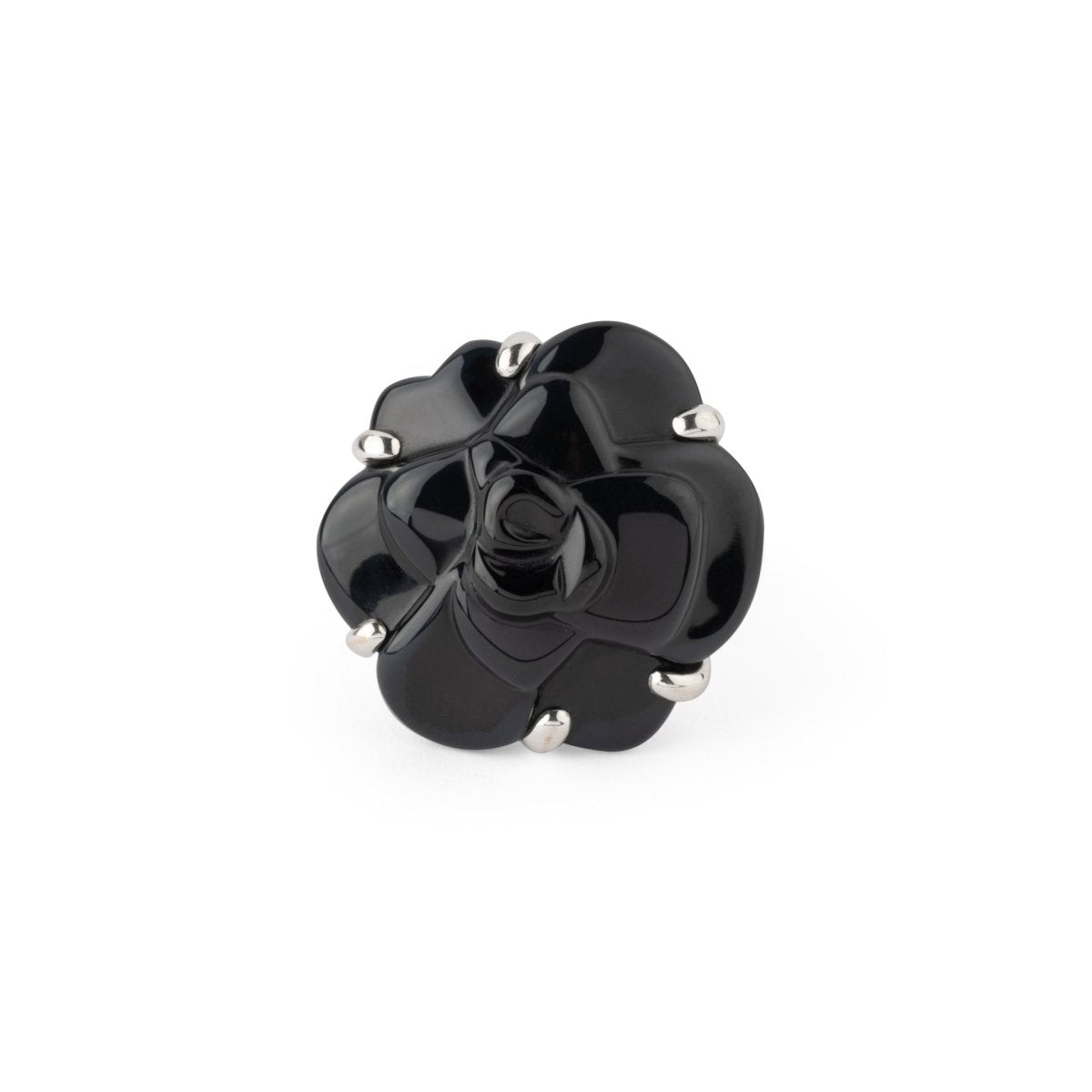 Bague CHANEL "Camélia" en or blanc et onyx - Castafiore