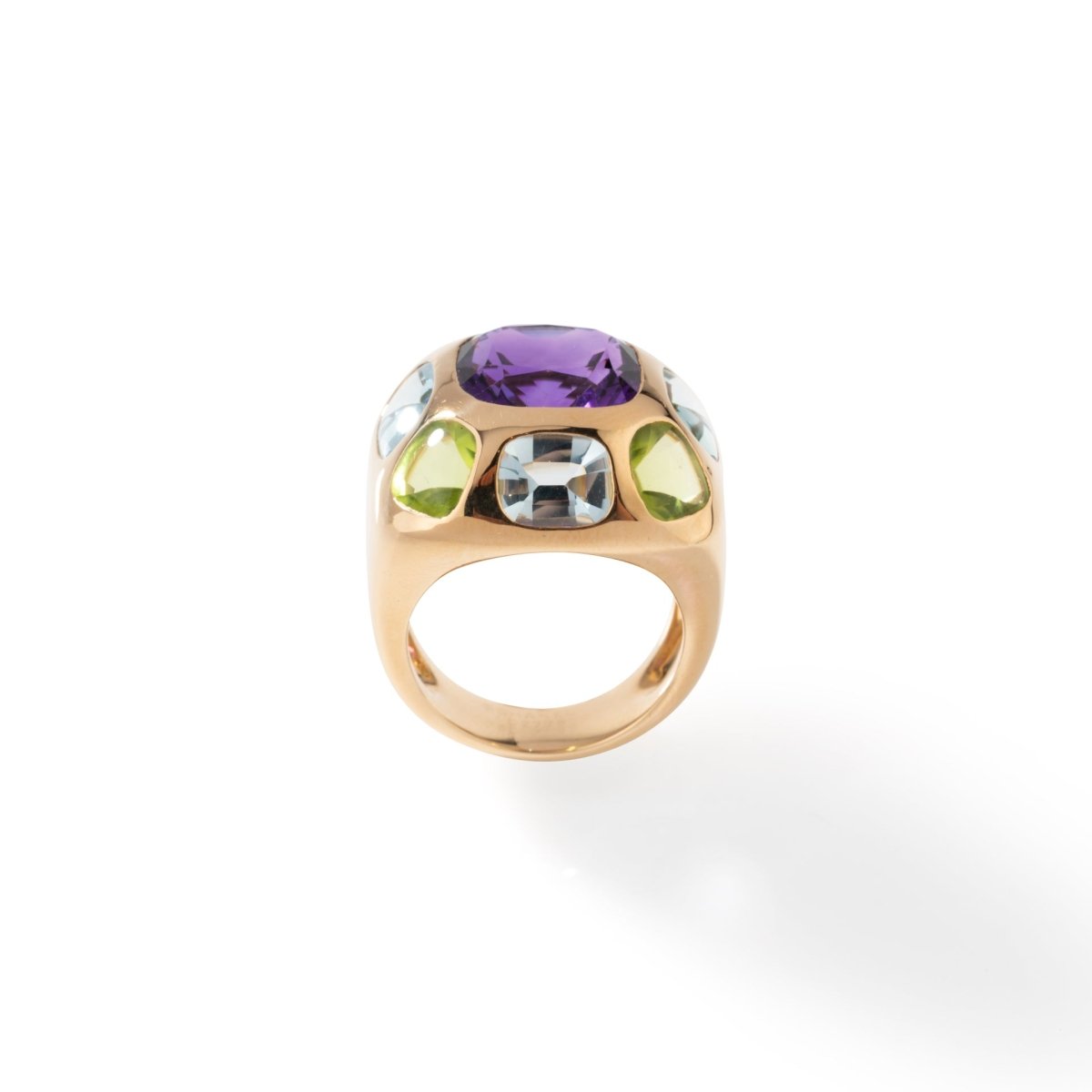 Bague CHANEL "Coco" en or jaune, améthyste, aigues - marines et péridots - Castafiore