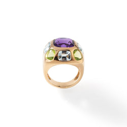 Bague CHANEL "Coco" en or jaune, améthyste, aigues - marines et péridots - Castafiore