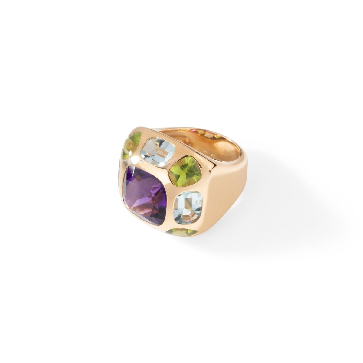 Bague CHANEL "Coco" en or jaune, améthyste, aigues - marines et péridots - Castafiore