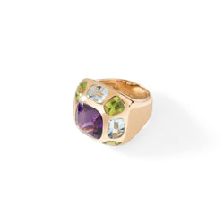 Bague CHANEL "Coco" en or jaune, améthyste, aigues - marines et péridots - Castafiore