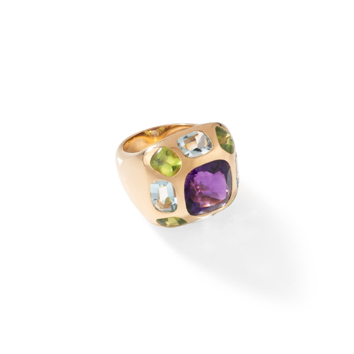 Bague CHANEL "Coco" en or jaune, améthyste, aigues - marines et péridots - Castafiore