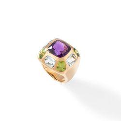 Bague CHANEL "Coco" en or jaune, améthyste, aigues - marines et péridots - Castafiore