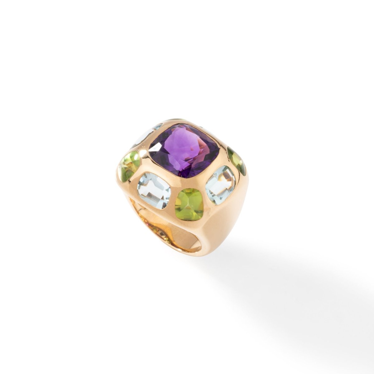 Bague CHANEL "Coco" en or jaune, améthyste, aigues - marines et péridots - Castafiore