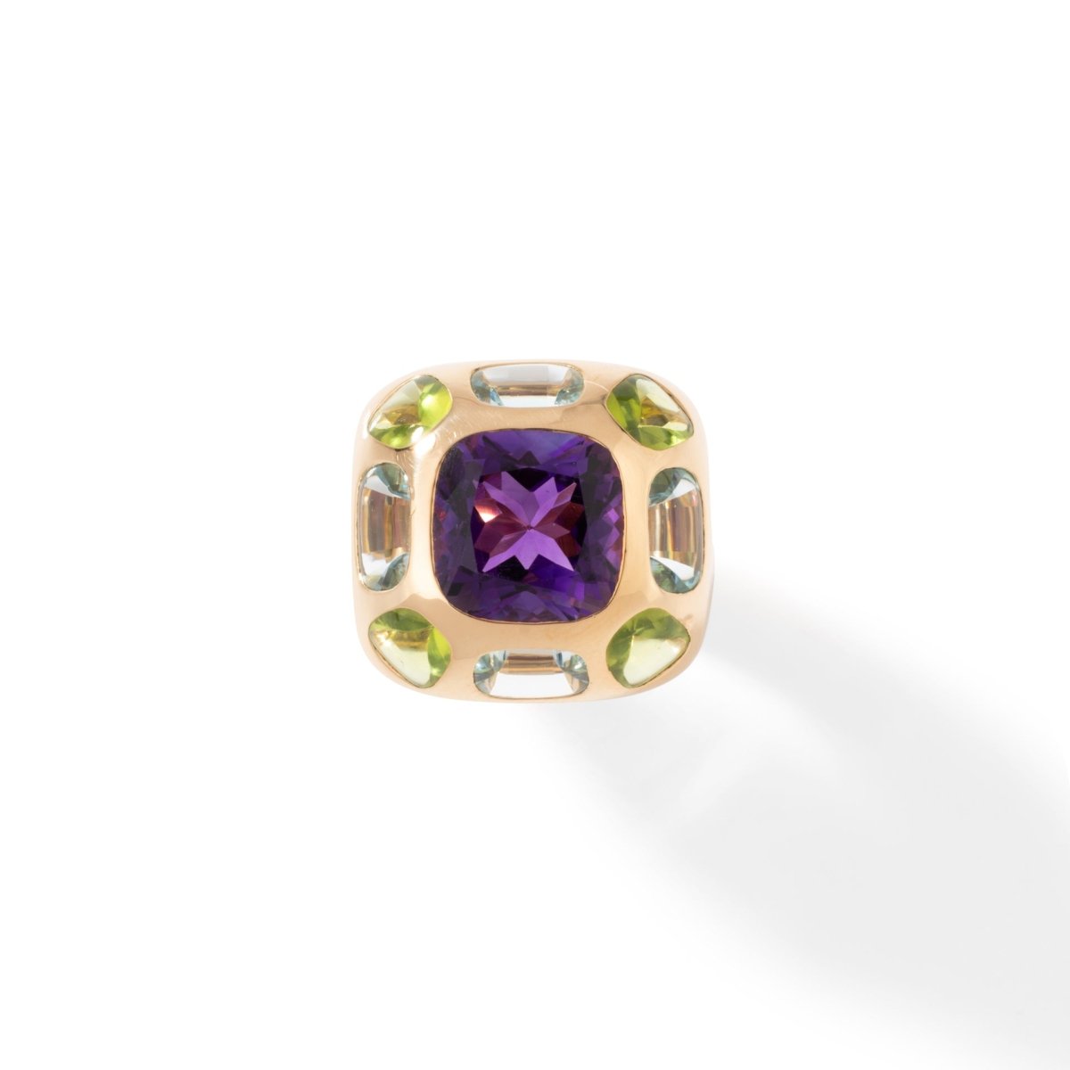 Bague CHANEL "Coco" en or jaune, améthyste, aigues - marines et péridots - Castafiore