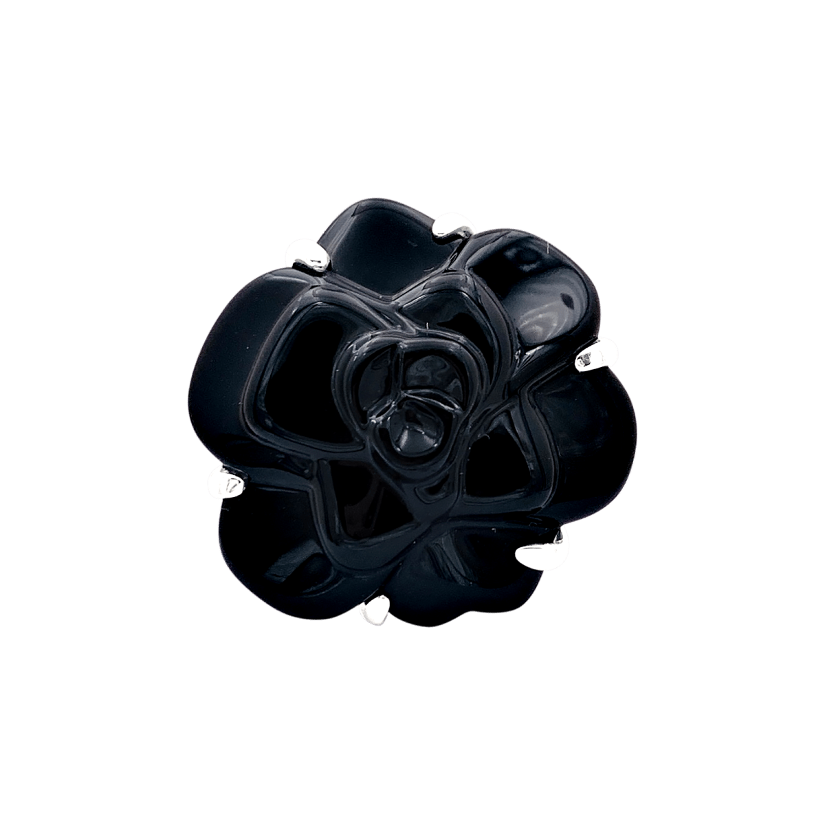 Bague CHANEL, modèle "Camélia", en or blanc et onyx - Castafiore