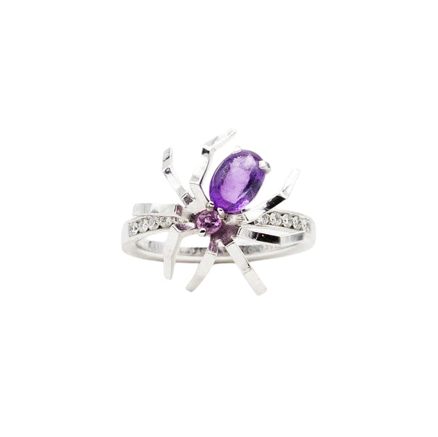 Bague CHAUMET Araignée "Attrape moi si tu m'aimes" en or blanc, améthyste, saphir rose et diamants - Castafiore