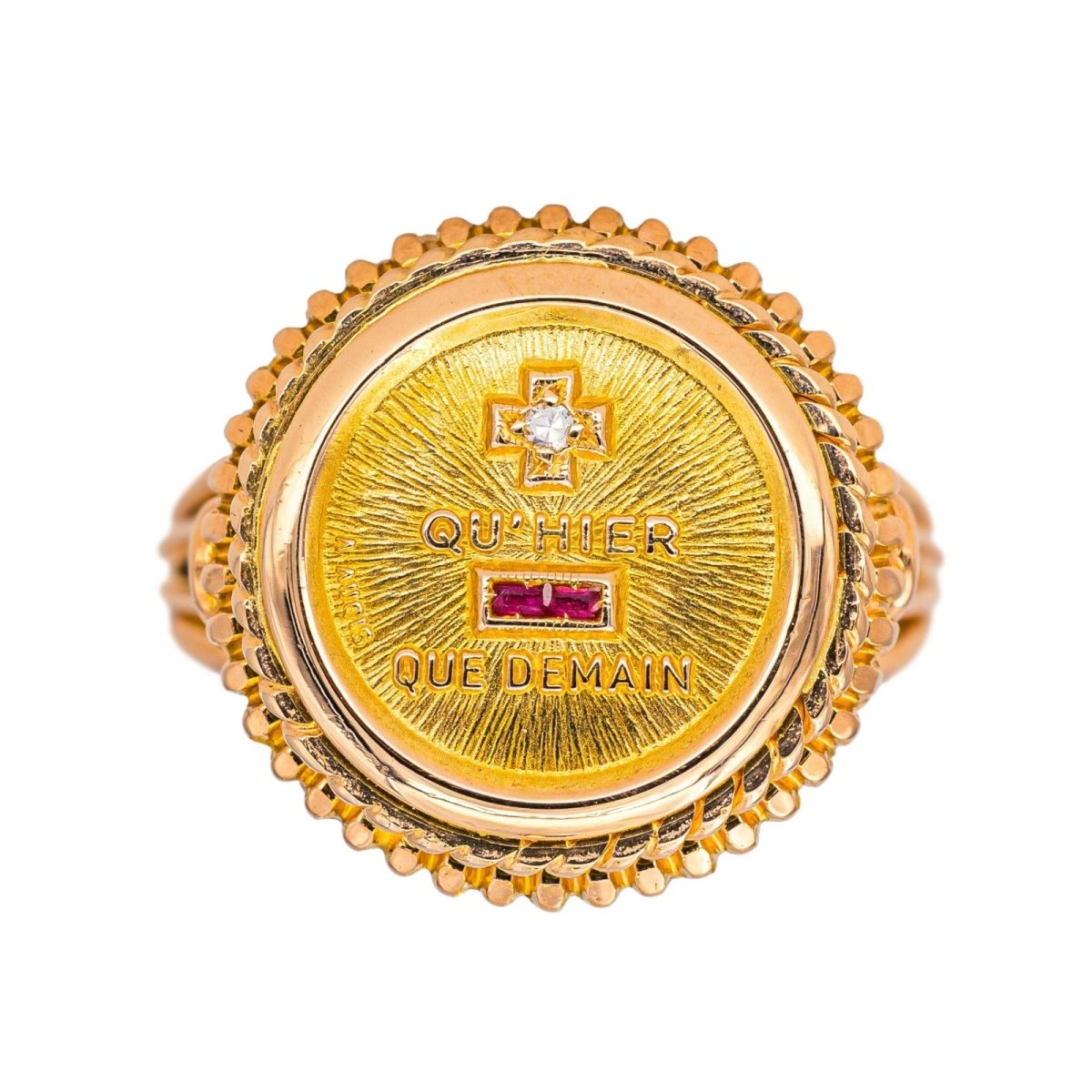 Bague Chevalière AUGIS en or jaune, rubis et diamant - Castafiore