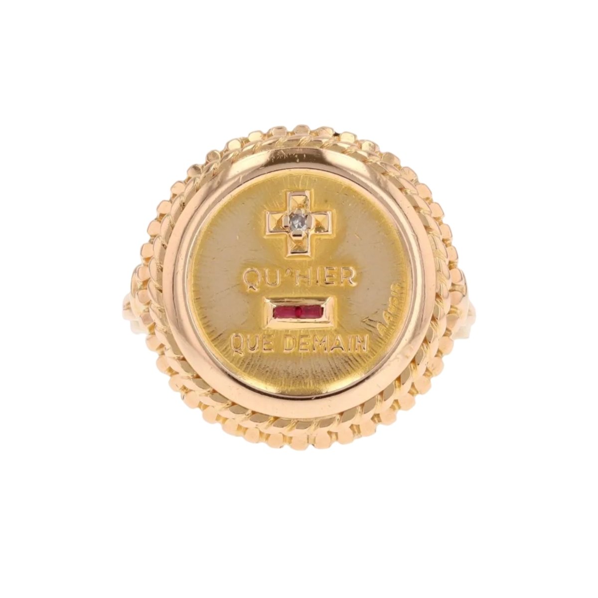 Bague Chevalière AUGIS en or jaune, rubis et diamant - Castafiore