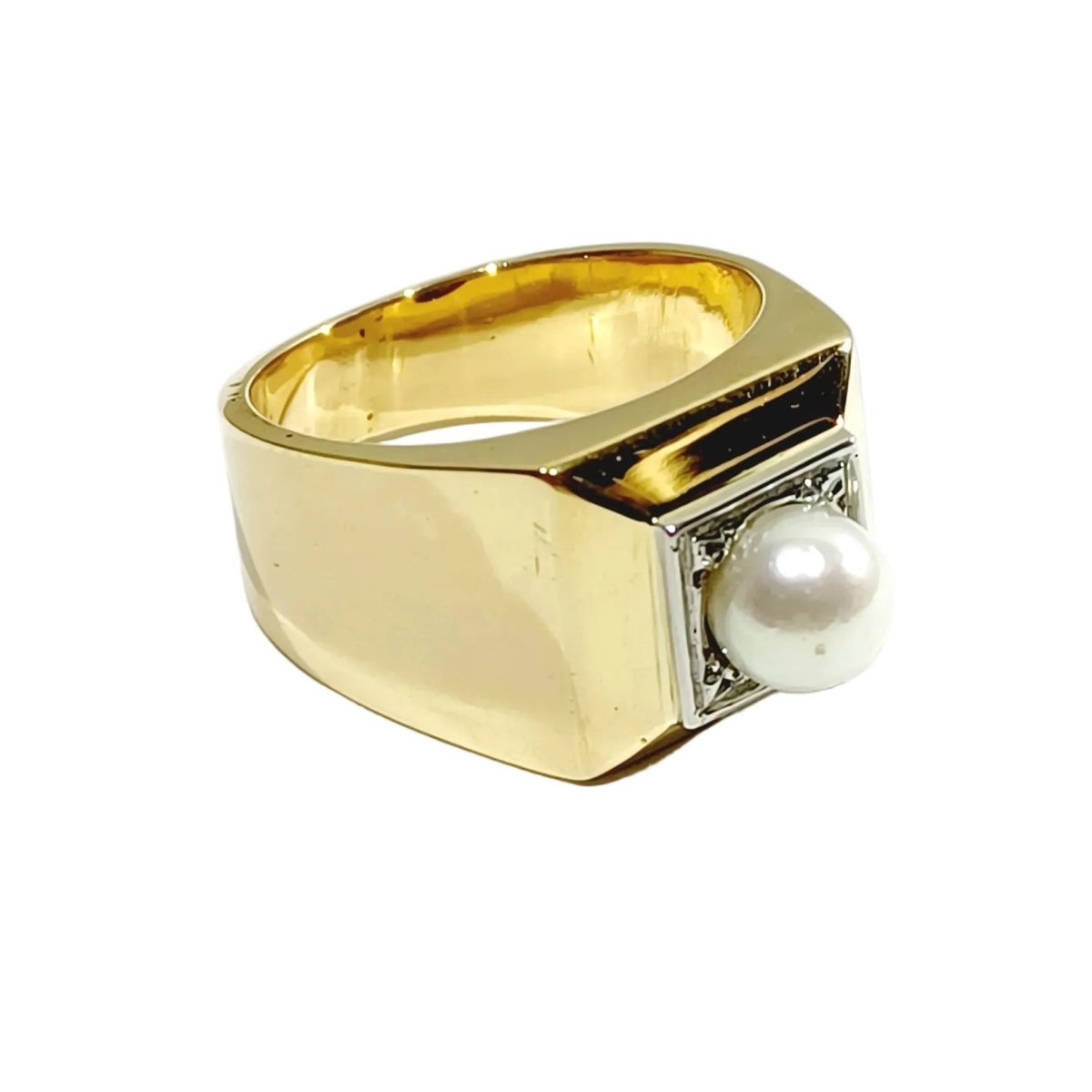 Bague Chevalière en or blanc, or champagne et perle - Castafiore