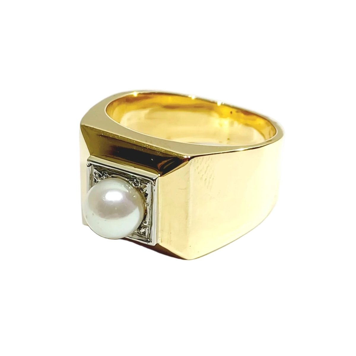 Bague Chevalière en or blanc, or champagne et perle - Castafiore