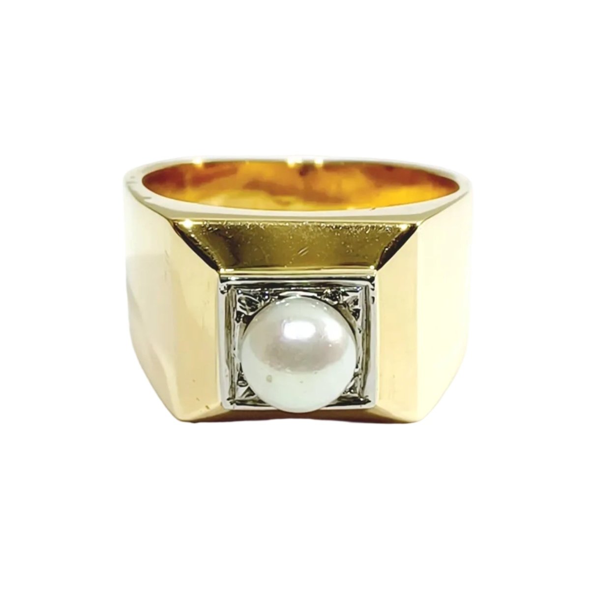 Bague Chevalière en or blanc, or champagne et perle - Castafiore