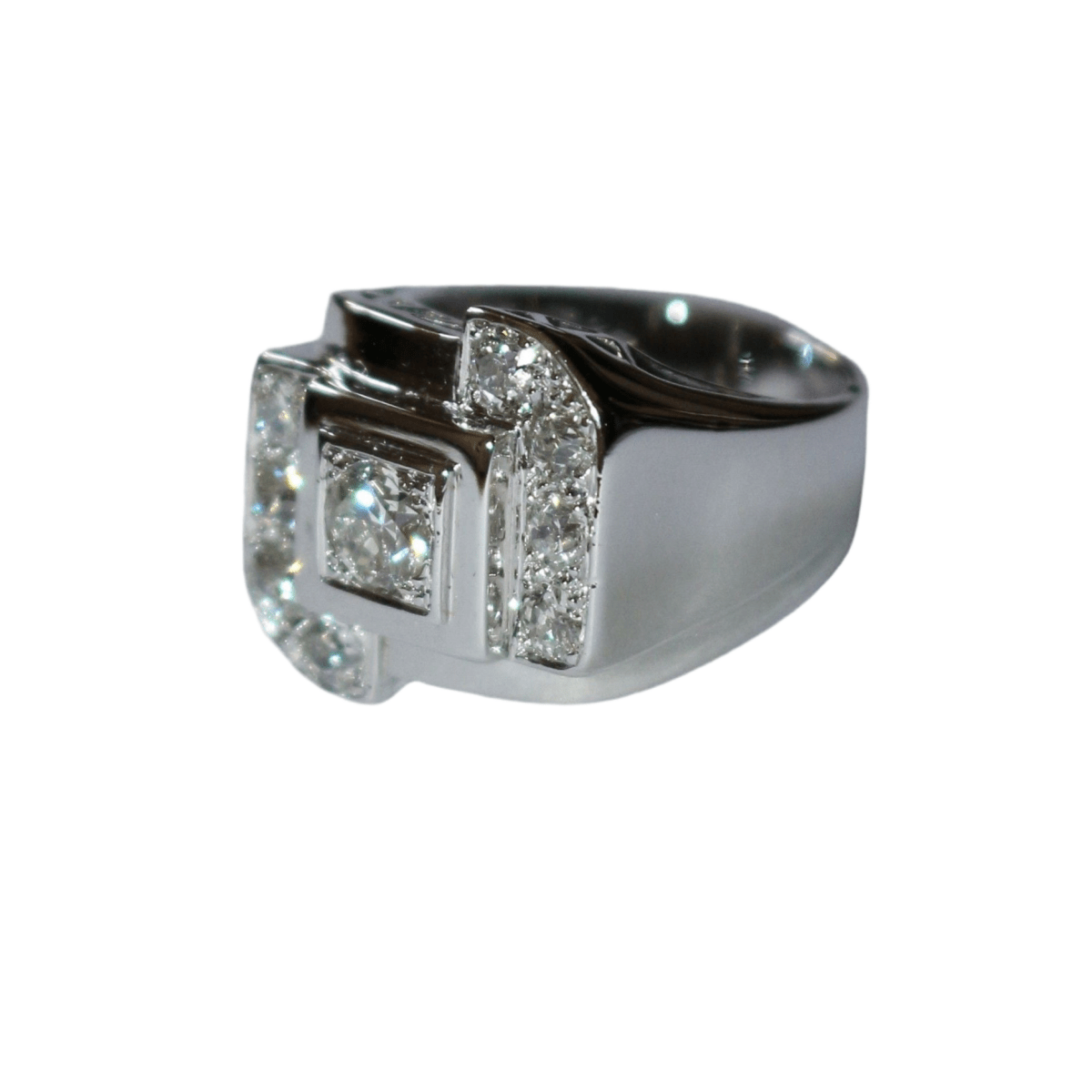 Bague Chevalière en or blanc, platine et diamants - Castafiore