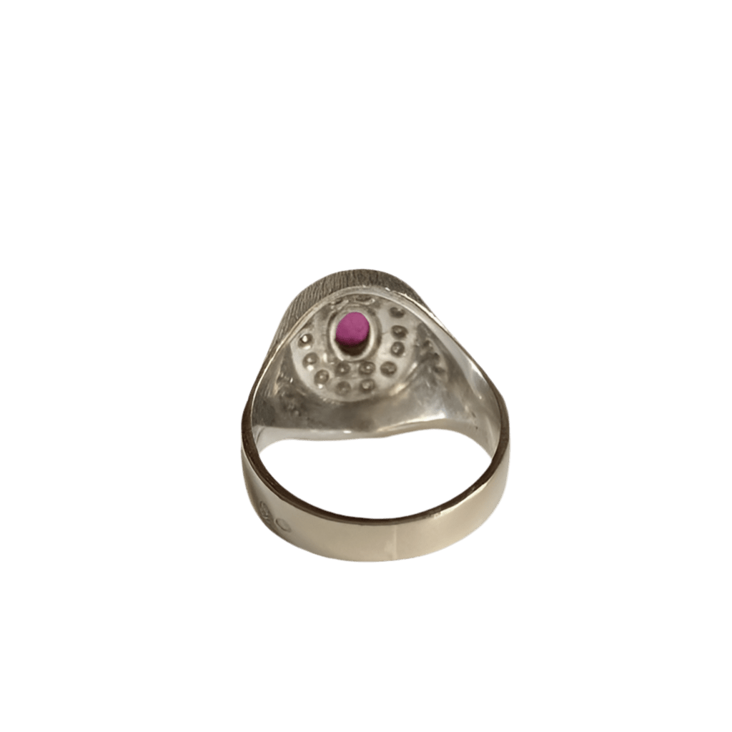 Bague chevalière en or gris, rubis et diamant - Castafiore